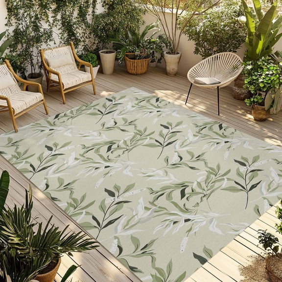 Green Eucalyptus Leaves Outdoor Rug for Patio/Deck/Porch, Non-Slip Large Area Rug 3 x 5 Ft, Spring Watercolor Plant Textured Indoor Outdoor Rugs Washable Area Rugs, Camping Rug Carpet Runner