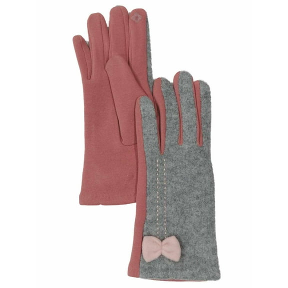 Womens Soft Gray & Pink Bow Stretch Fit Texting & Tech Touchscreen Gloves
