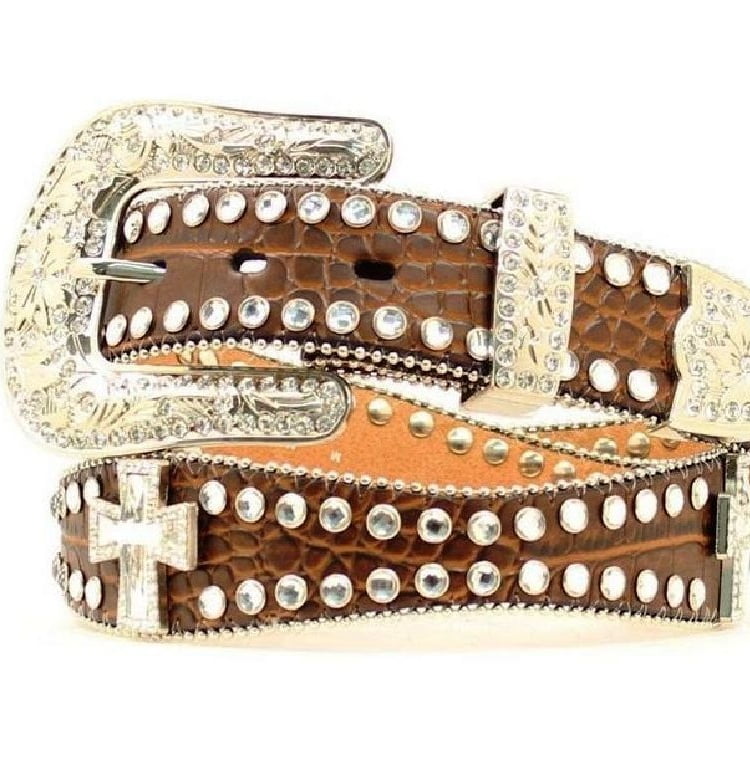 tooled scalloped leather belt with metal spots and silver buckle fits 38 to 42 waist