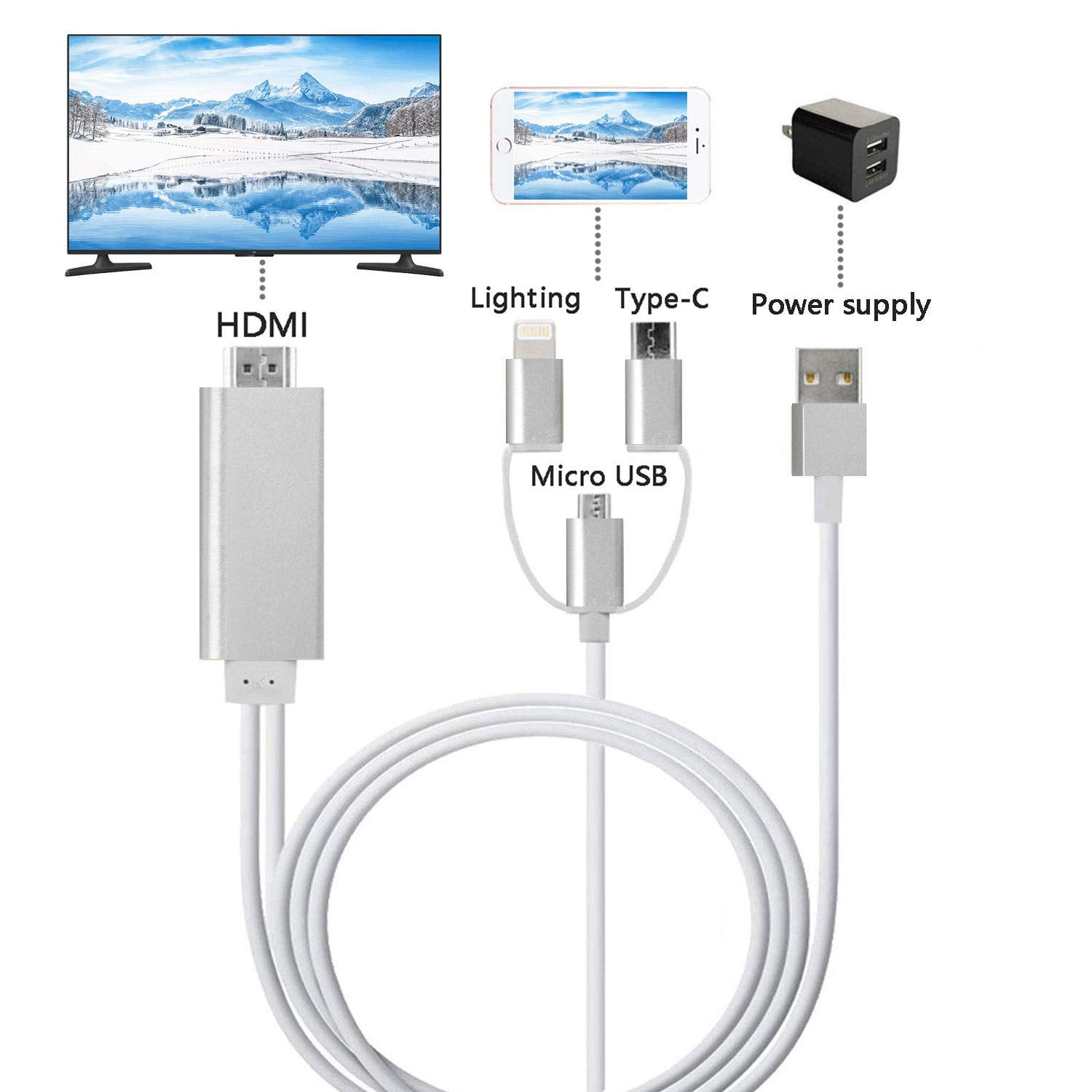3 in 1 Lighting/Micro USB/Type-C to HDMI Cable, Digital Audio Mirror Mobile Phone Screen to TV Projector Monitor 1080P for iOS and Android (Silver) - Walmart.com