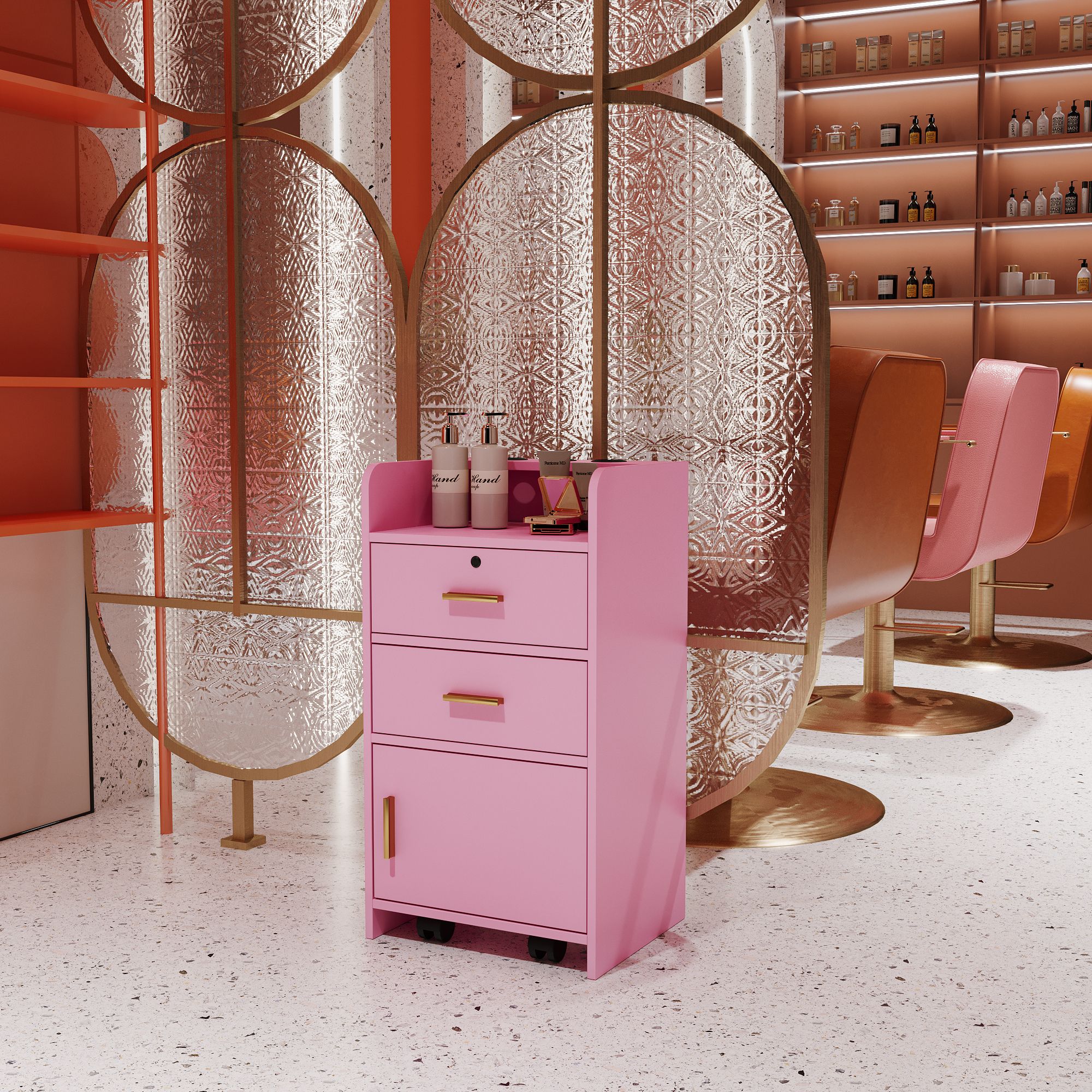 Aukfa Locking Salon Storage Cabinet for Hair Stylist with 2 Drawer - Pink