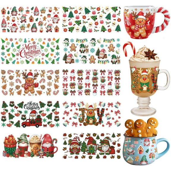 10 Sheets Christmas UV DTF Cup Wraps Red Green Xmas Rub on Transfer Decals Santa Dwarf Deer Snowman Transfers Rub on Decals