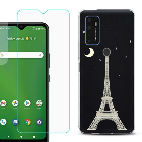 Slim-Fit Gel TPU Phone Case for Cricket Dream 5G, with Tempered Glass Screen Protector, by OneToughShield ® - Eiffel Tower Moon