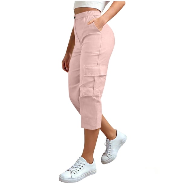 TaTaai Women Elastic Waist Solid Cargo Capri Pants Button Zipper Pockets Outdoor Hiking Casual Daily Lounge Wear Soft Stretchy No Fading Versatile Bottoms Gift