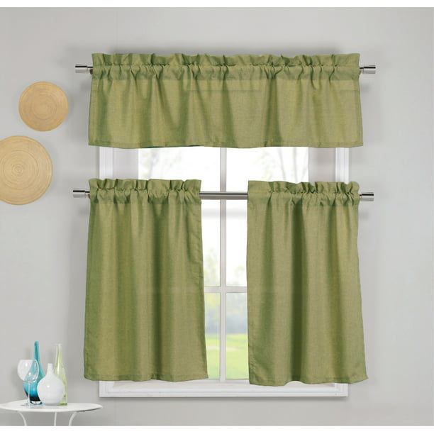 3 Piece Faux Cotton Moss Green Kitchen, Green Panel Curtains