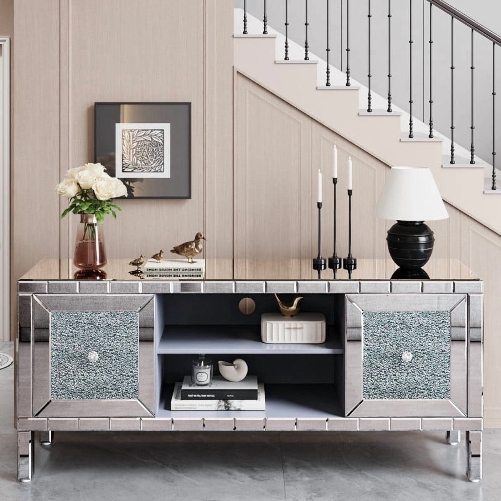 Atumcto Mirrored TV Stand for 65-inch TVs with Adjustable Storage & Crushed Diamond Glass Doors