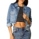 thumbnail image 2 of CHAQUETA DE JEAN CORTA LAVADA PARA MUJER CON BOTONES Y TERMINACIONES DESHEBRADAS INSPIRADA EN CHIC, AZUL CLARO, TAMAÑO S, 2 of 8