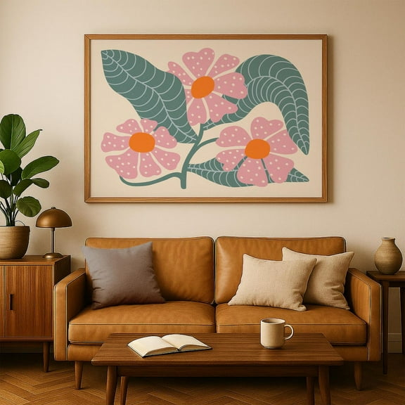 Hand Drawn Retro Pink Wildflowers Art, Horizontal Botanical Wall Art For Cozy Midcentury Living Room Or Nursery Decor Home Decor #57, Unframed Poster Size 8x12