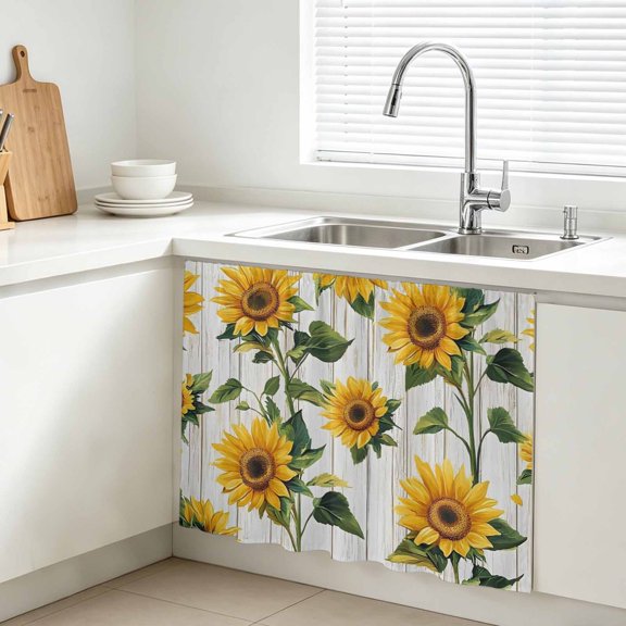 Summer Sunflower Cabinet Curtain, Retro Flower Wood Grain Sink Skirt for Bathroom, Under Sink shelf Curtain Privacy Drape for Kitchen Laundry Room 10x11in
