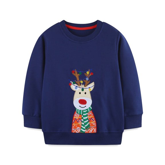 Byoo Toddler Boy's Reindeer Embroidery Sweatshirt Crew Neck Long Sleeve Pullover Top Holiday Kids Sweatshirt,Multicolour