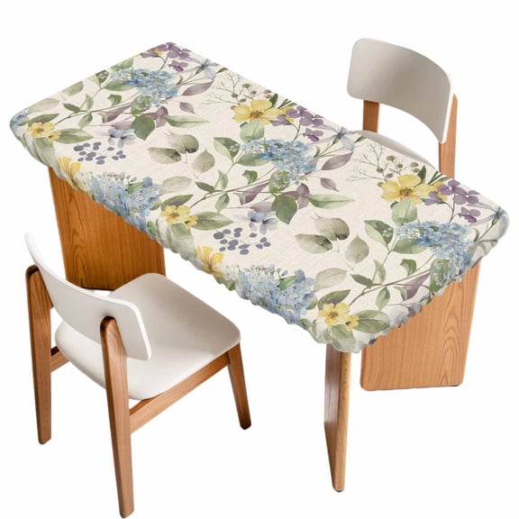 Vintage Spring Floral Table Cloths for 6 Foot Rectangle Tables, Farmhouse Flowers Rustic Patio Waterproof Elastic Fitted Tablecloths, Washable Rectangular Table Cover for Camping
