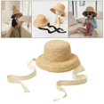 thumbnail image 2 of Sombrero de paja para niños con aleros para el sol, sombrero de viaje de verano con lazo ajustable, protección solar Corbata blanca, 2 of 9