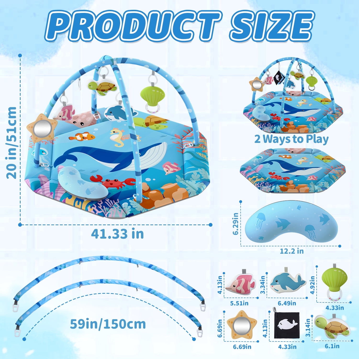JoyStone Baby Gym Play Mat, 8-in-1 Tummy Time Mat, Infant Play Gym with 6 Detachable Toys, Washable Activity Mat & Ball Pit, Baby Toys Gift for Ages 0-18M