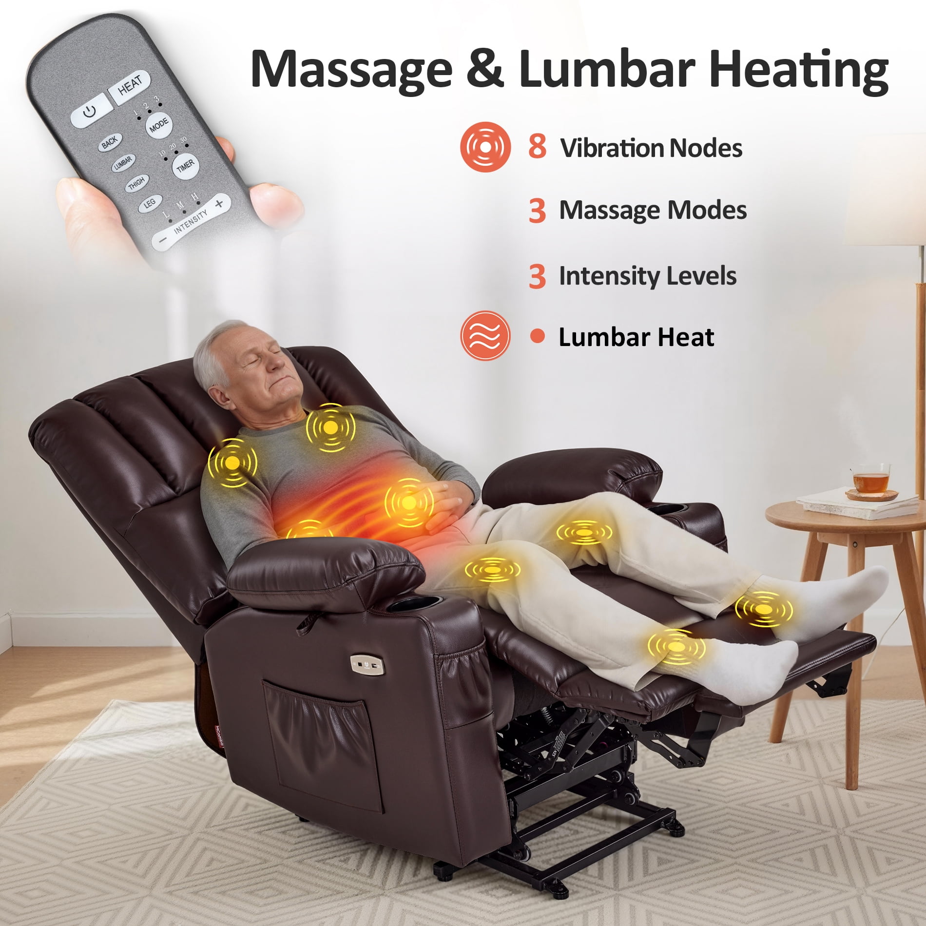 MCombo Power Lift Recliner Chair with Massage Heat, Extended Footrest, Faux Leather(Medium-Regular, Dark Brown)
