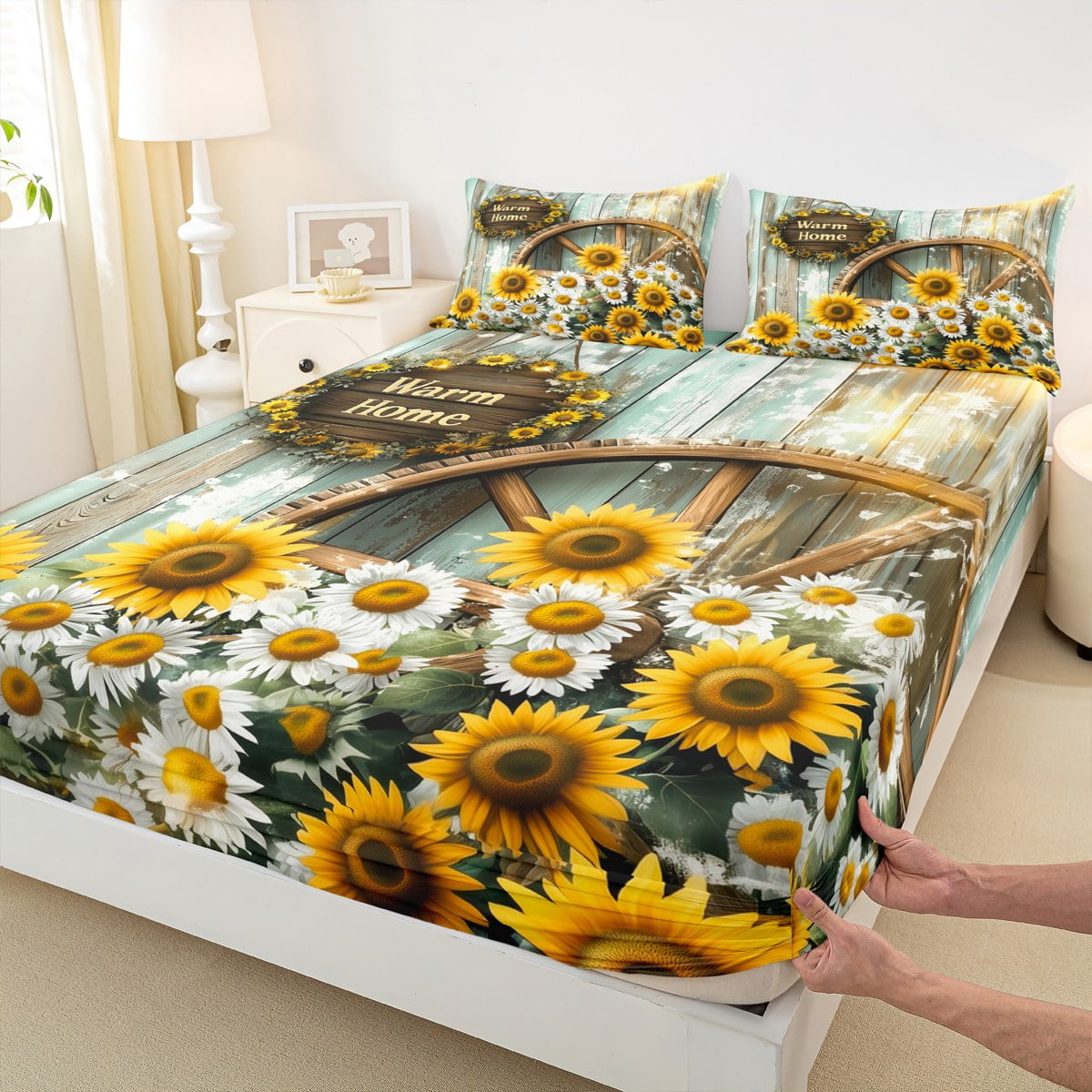 Homewish Rustic Warm Home Full Size Sheets for Kids, Sunflower Groovy Floral Bed Sheets, Vibrant Plant Botanical Sheet Sets, Ultra Soft Bedroom Decor, 4-Piece