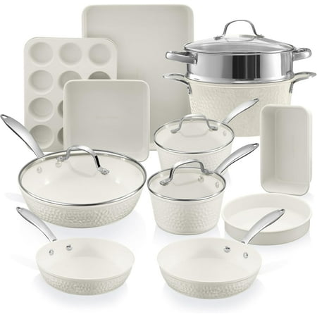 Gotham Steel Hammered 15 Pc Pots and Pans Set Non Stick Cookware Set, Pot and Pan Set Ceramic Cookware Set with Bakeware, Kitchen Cookware Sets, Non Toxic Non Stick Pots and Pan Set, Cream