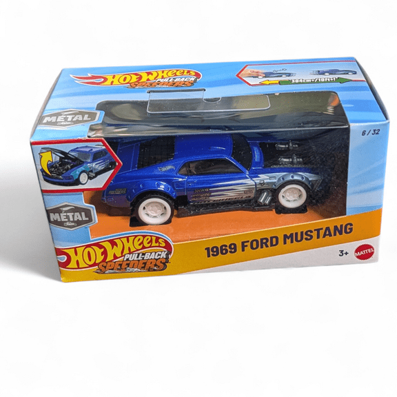 Hot Wheels 1969 Ford Mustang Pull-Back Speeders Toy Car in 1:43 Scale