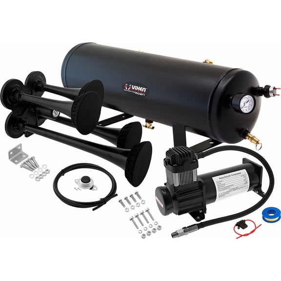 Vixen Horns Train Horn Kit for Trucks/Car/Semi. 200psi Air Compressor 3 Gallon Tank 4 Trumpets w/Covers. Loud. Fits Vehicles like Pickup/Jeep/RV/SUV 12v VXO8330B/4114B/P