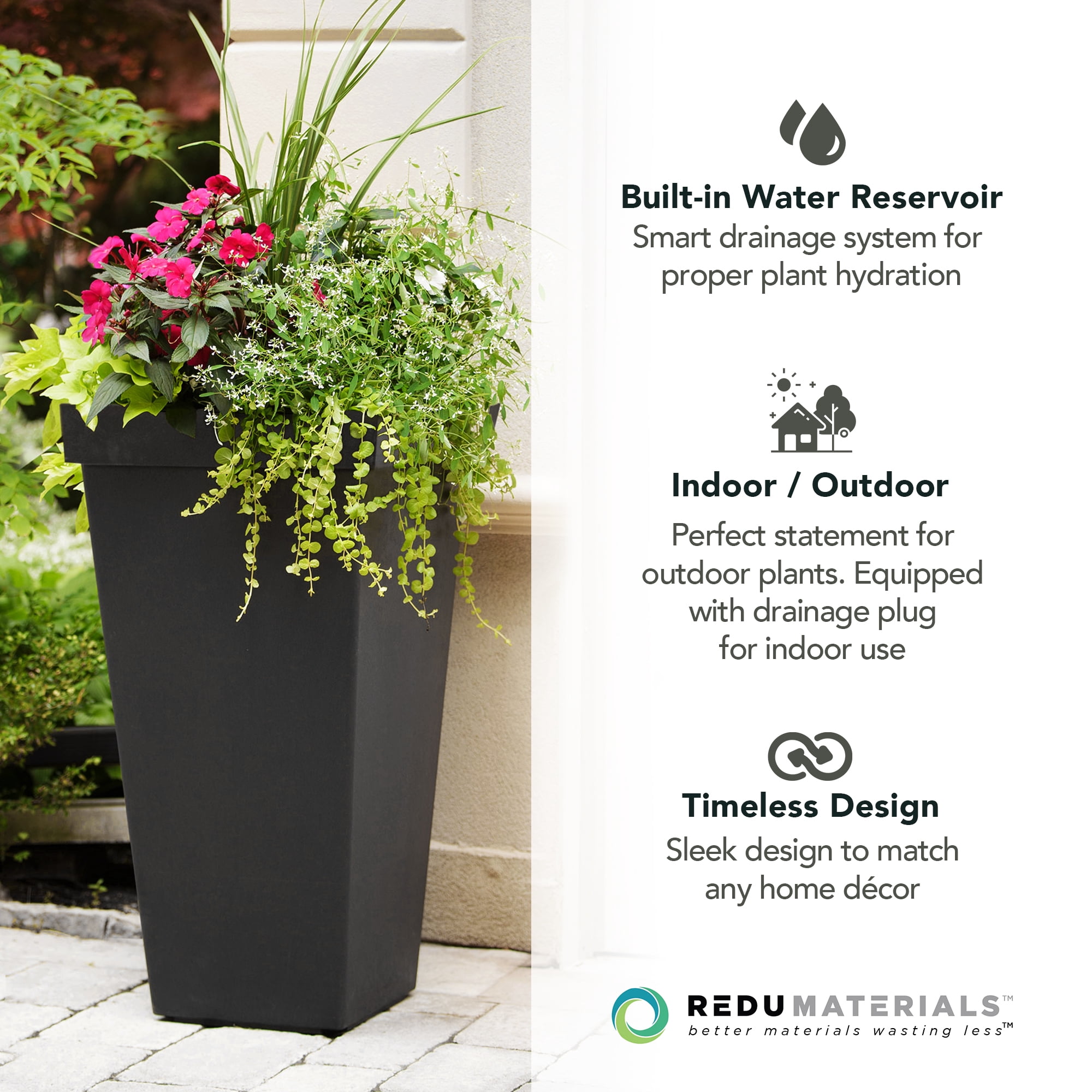 Tierra Verde Self Watering Symphony Square Planter, 15 x 28 Inches, Black