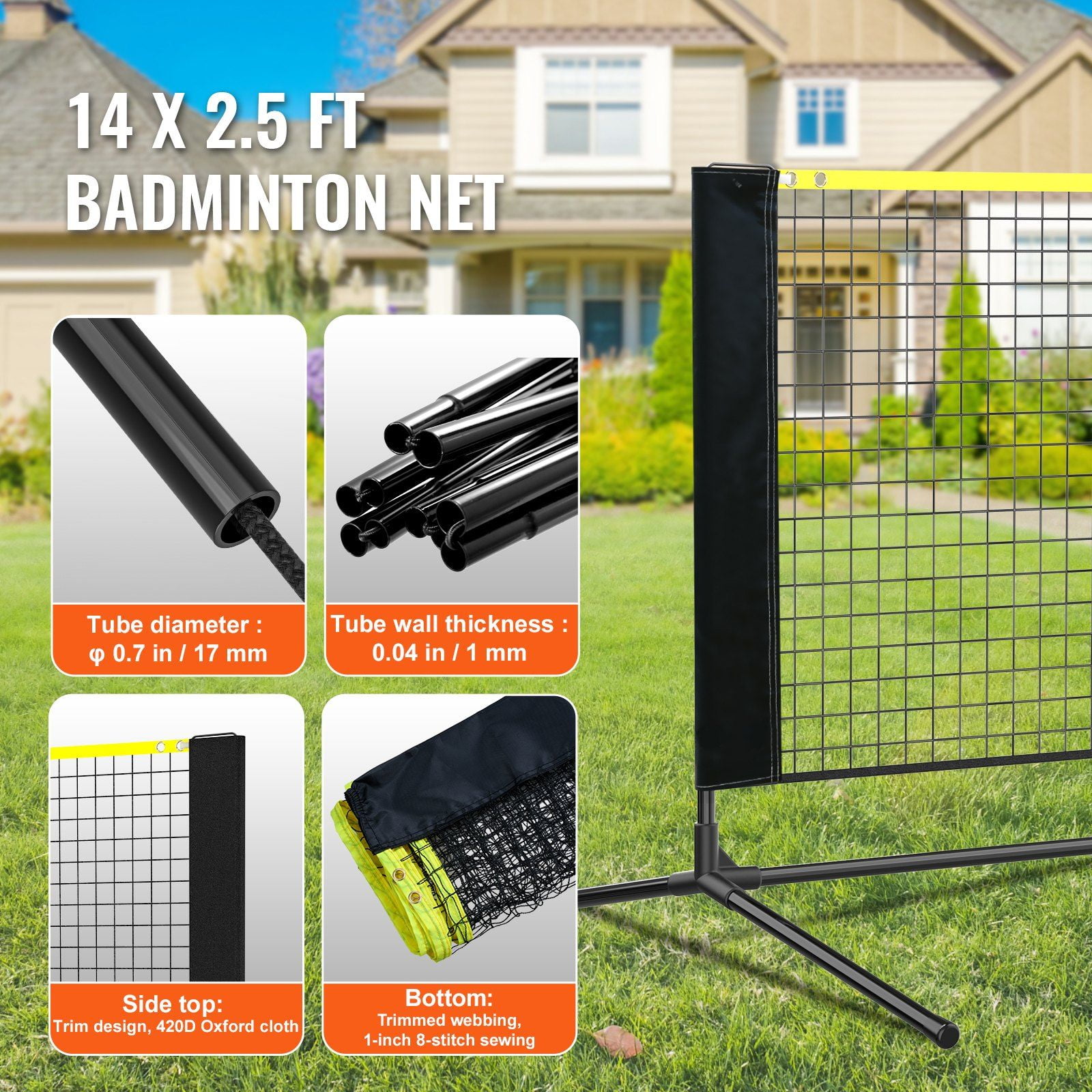 Height Adjustable Portable Badminton Volleyball Pickleball Tennis Net Set 14ft Wide Foldable with Poles Stand Carry Bag for Kids Backyard Indoor Outdoor Use