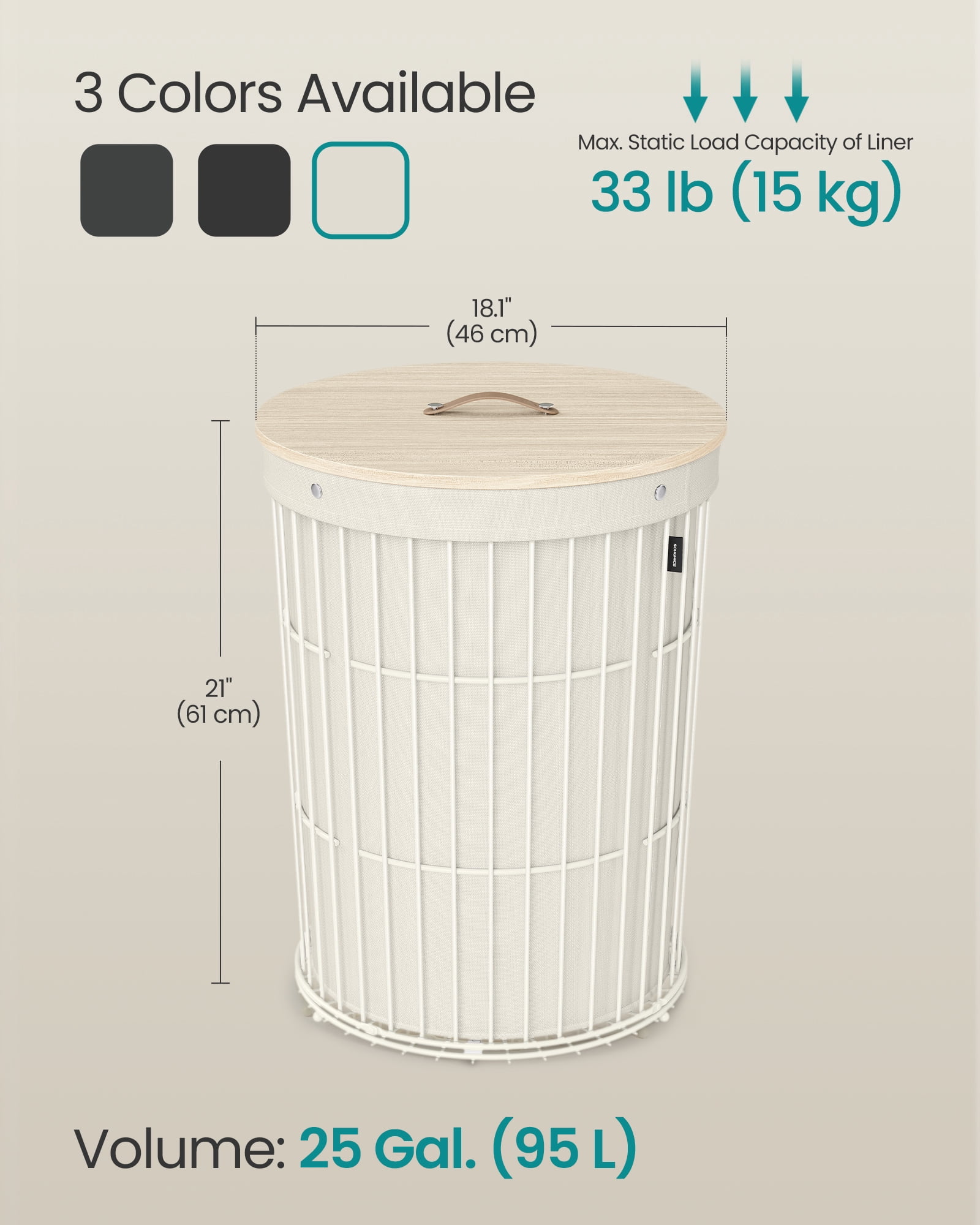 SONGMICS Laundry Hamper with Lid, Round, 25 Gallons (95 L), Versatile, Removable Fabric Liner, Large Capacity, Cream White