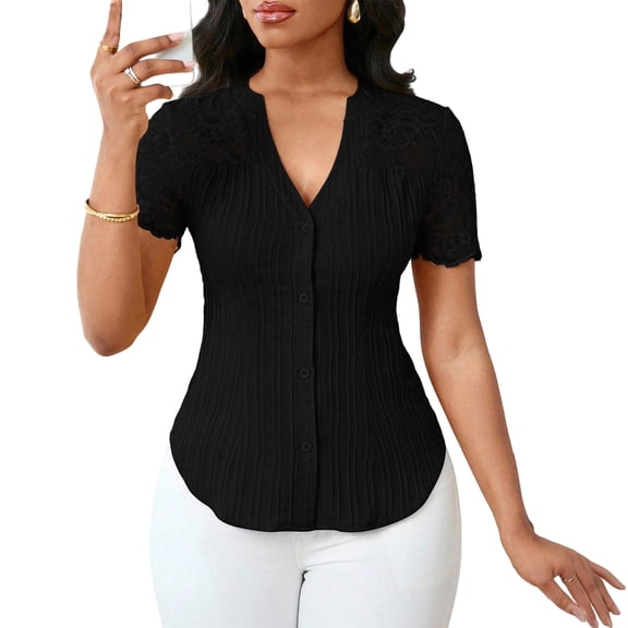 LWavelet Womens Plus Size V Neck Short Sleeve Blouse Lace Sleeve Pleated Summer Work Wear Daily Casual Top Black M