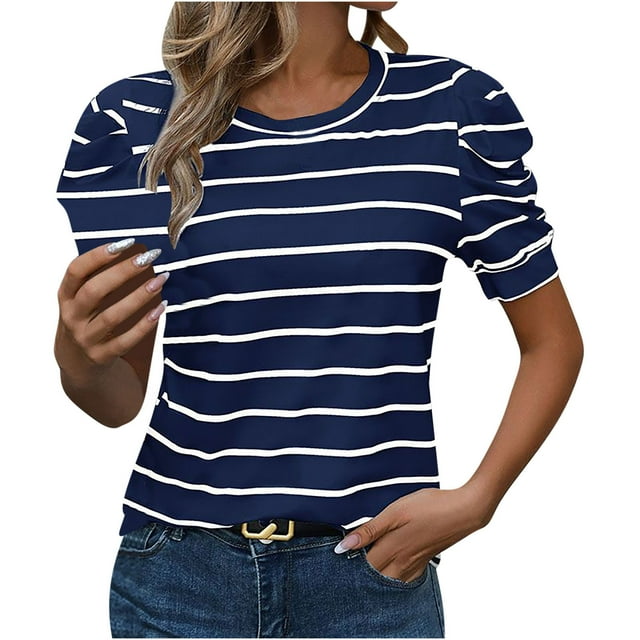 Fiudx Ofertas Flash Artículos En Oferta Blusas Casuales de Moda para Mujer, Camiseta Estampada a Rayas, Top con Cuello Redondo y Manga Arrojadiza