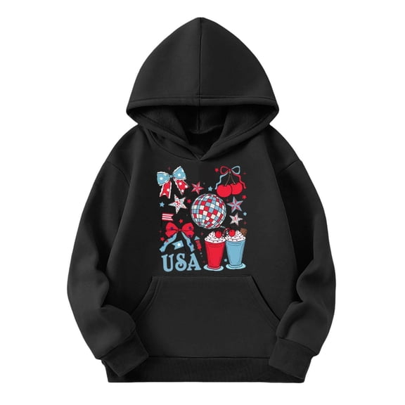 Byoo Girl USA Graphic Hoodie 4th of July Long Sleeve Pullover Sweatshirt with Pocket,Black