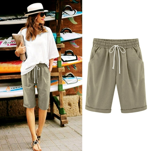 Gspmoly Short pour Femmes, Short pour Femmes de Couleur Unie à la Mode et au Tempérament, Pantalon et Short en Cinq Parties, Short de Randonnée pour Femmes, Articles en Liquidation, Kaki m