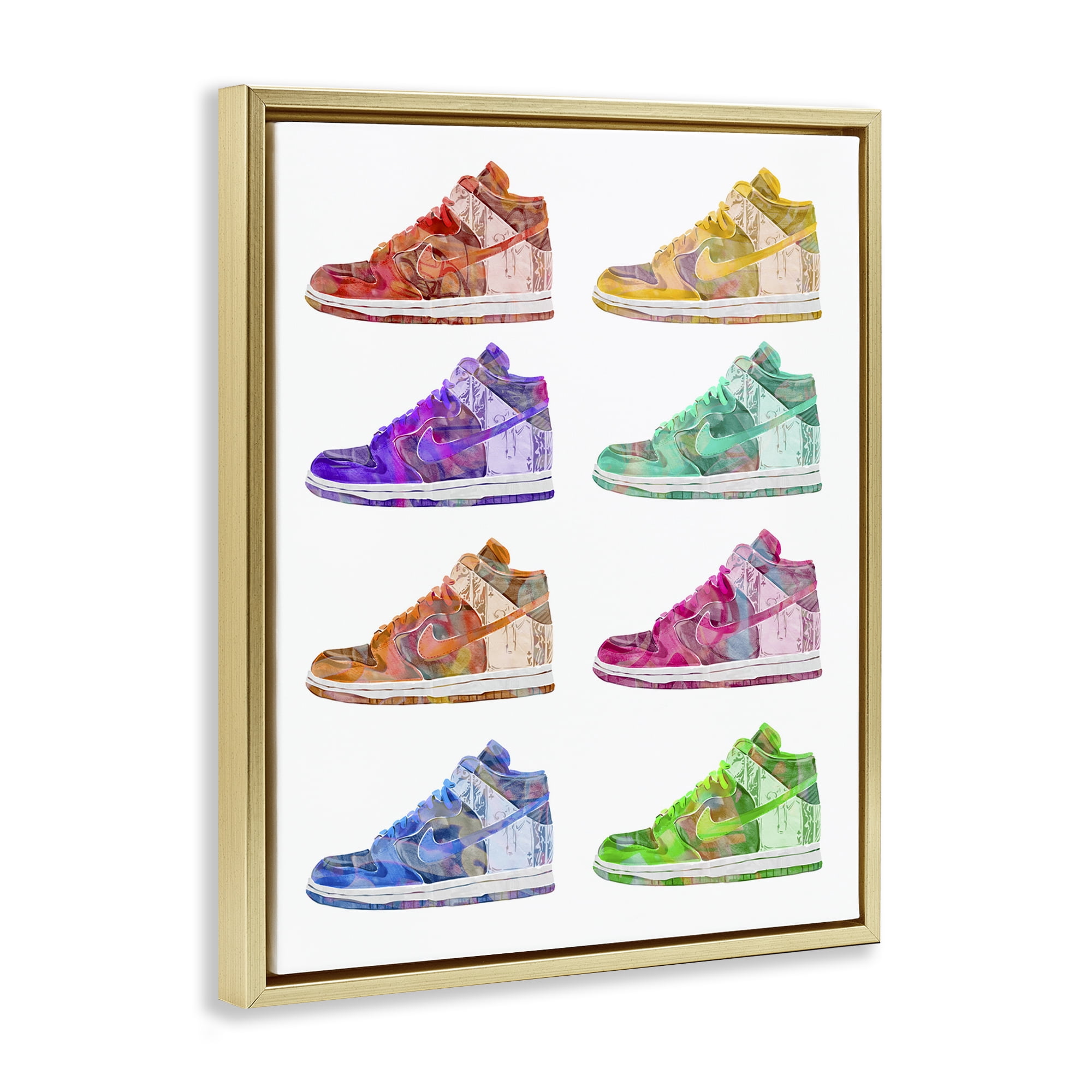 Stupell Industries Bold Rainbow Sneakers Beauty & Fashion Painting Gold Floater Framed Art Print Wall Art, 17 x 21