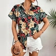 thumbnail image 4 of IFNWSV Womens Tops Dressy Casual Short Sleeve Hawaiian Print Button Up Lapel Collar Vacation Beach Polyester Blouse Multicolor L, 4 of 5