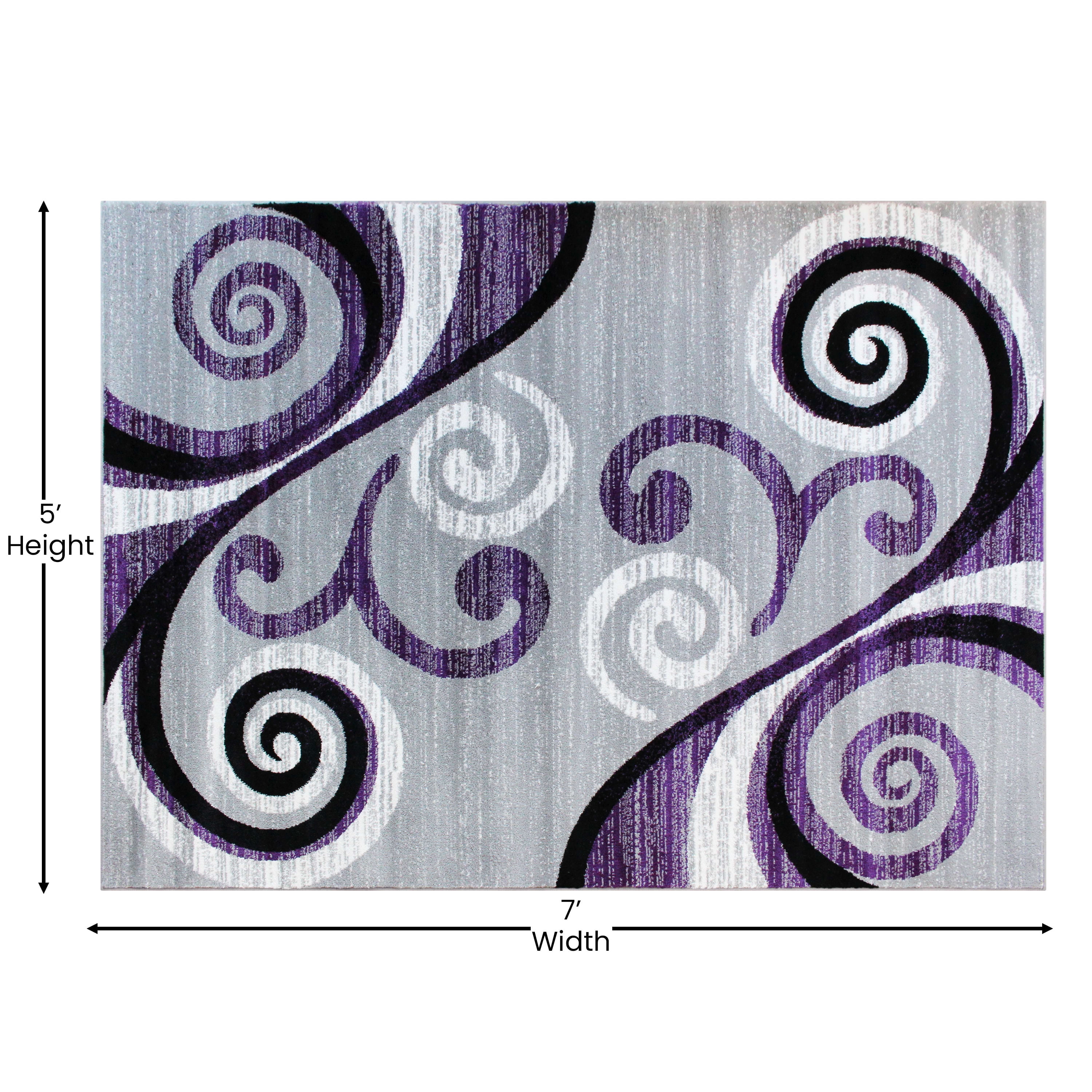 Emma + Oliver 5x7 Scraped Look Ultra Soft Plush Pile Olefin Accent Rug in Purple, Gray, Black and White Swirl Pattern, Jute Backing