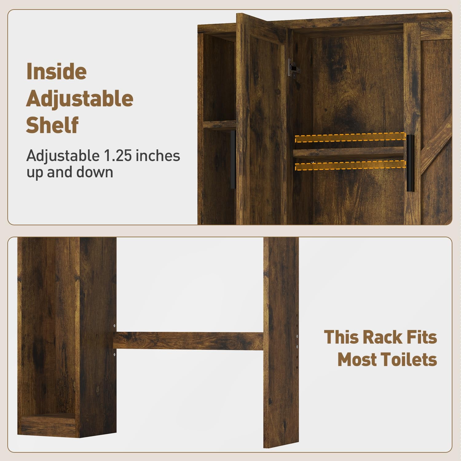 Over The Toilet Storage Cabinet with 7 Shelves, Double Doors, Bathroom Space Saver Organizer, Above Toilet with Open Shelf, Taller Wooden Paper Holder Stand, Free Standing Toilet Rack Brown