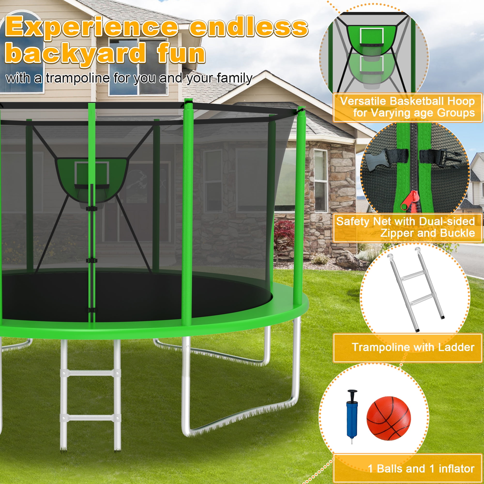 XMIKA Trampoline, 1200LBS 12FT Trampolines for Kids Adults, Trampoline with Safety Enclosure Net, Outdoor Backyard Trampolines with Basketball Hoop, LED Light, Sprinkler and Ladder, Heavy Duty