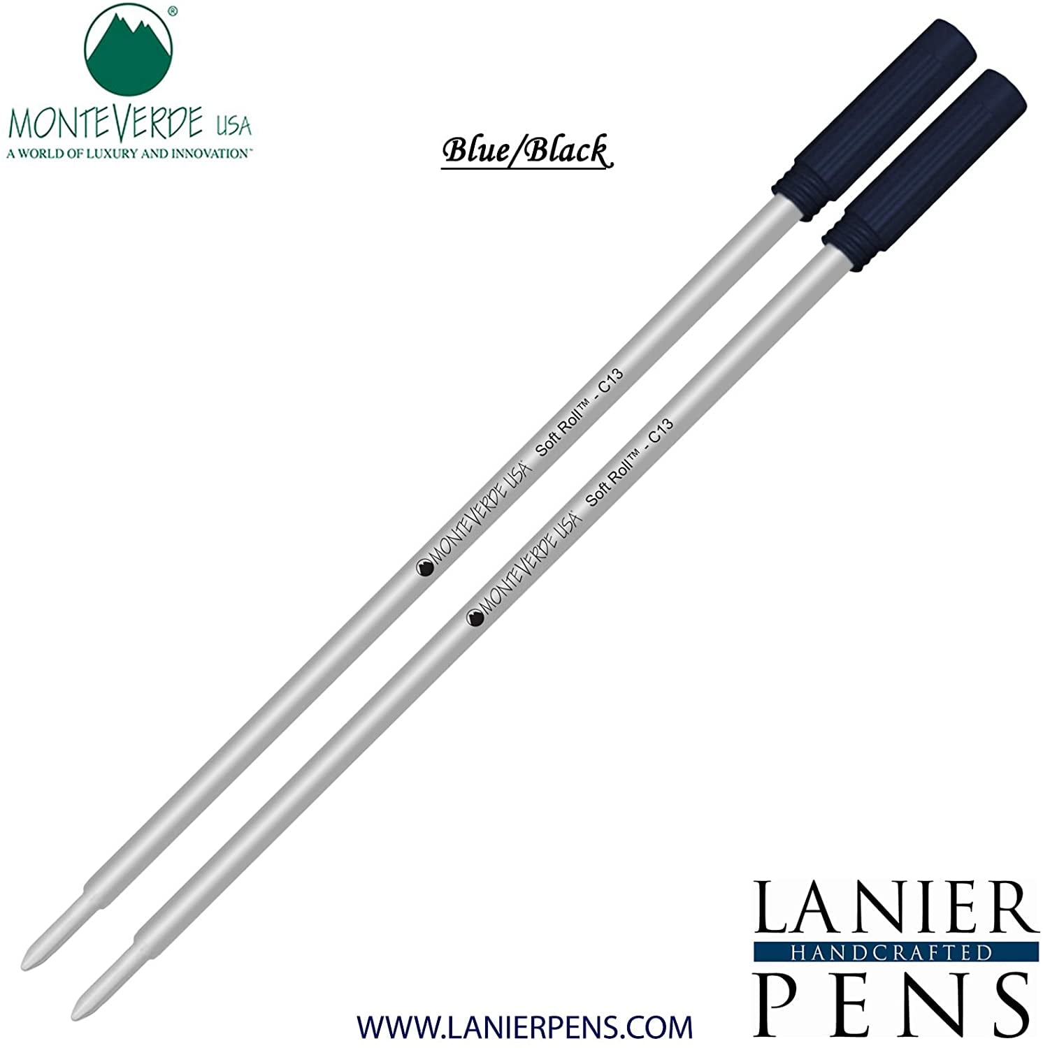 Lanier Combo Pack - 2 Pack - Monteverde Soft Roll Ballpoint C13 Paste Ink Refill Compatible with most Cross Style Ballpoint Pens - BlueBlack (Medium Tip 0.7mm)