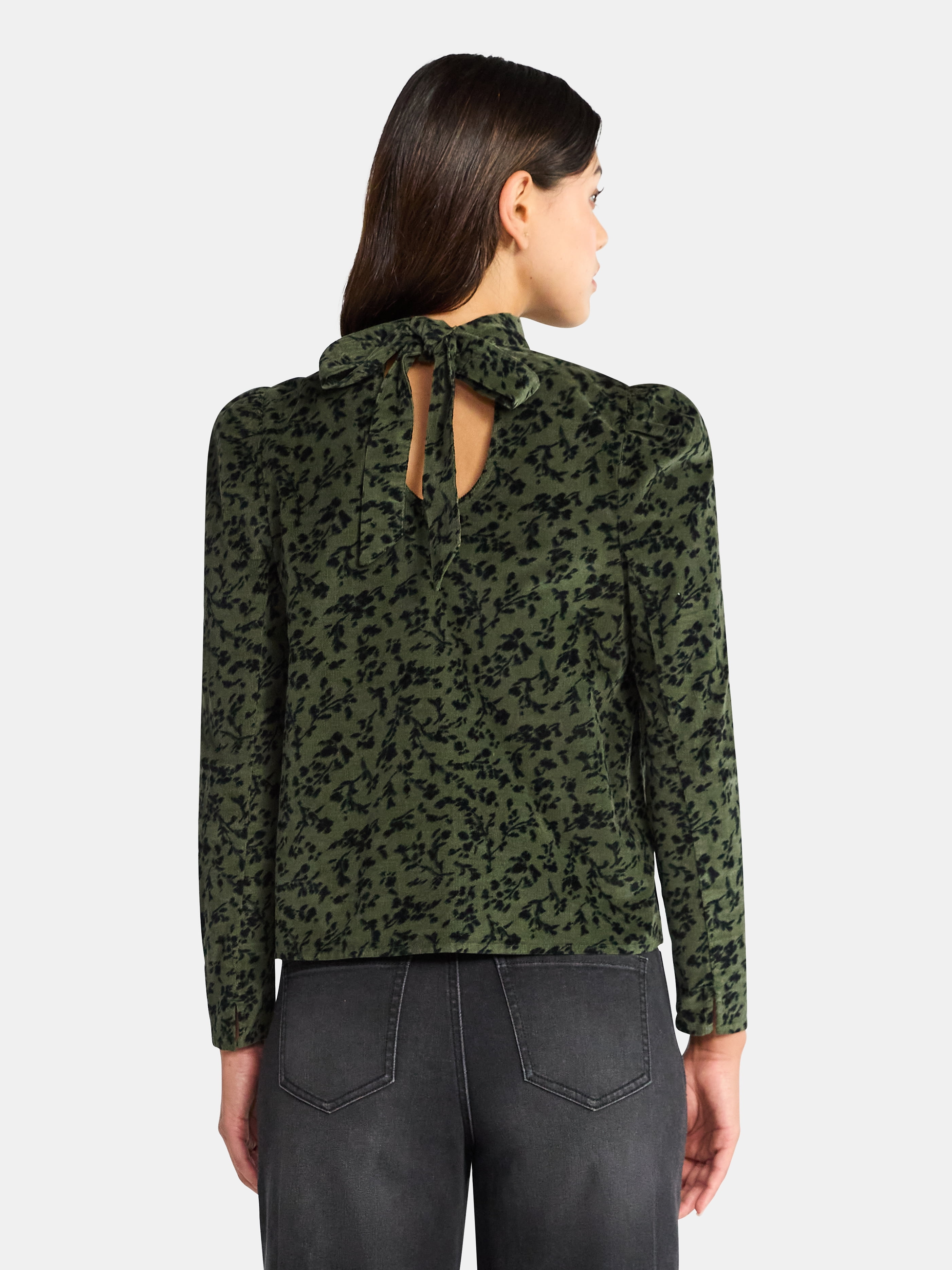 Time and Tru Women's Tie Back Corduroy Top with Long Sleeves, Sizes XS-XXXL