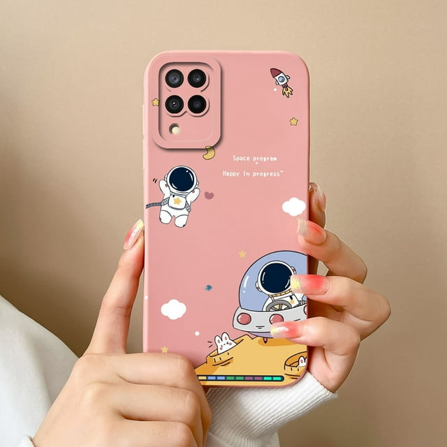 Case For Samsung A 12 M12 F12 Flower Astronaut Square Lens Protection Soft Liquid Silicone Back Cover For Samsung A12 A M F 12