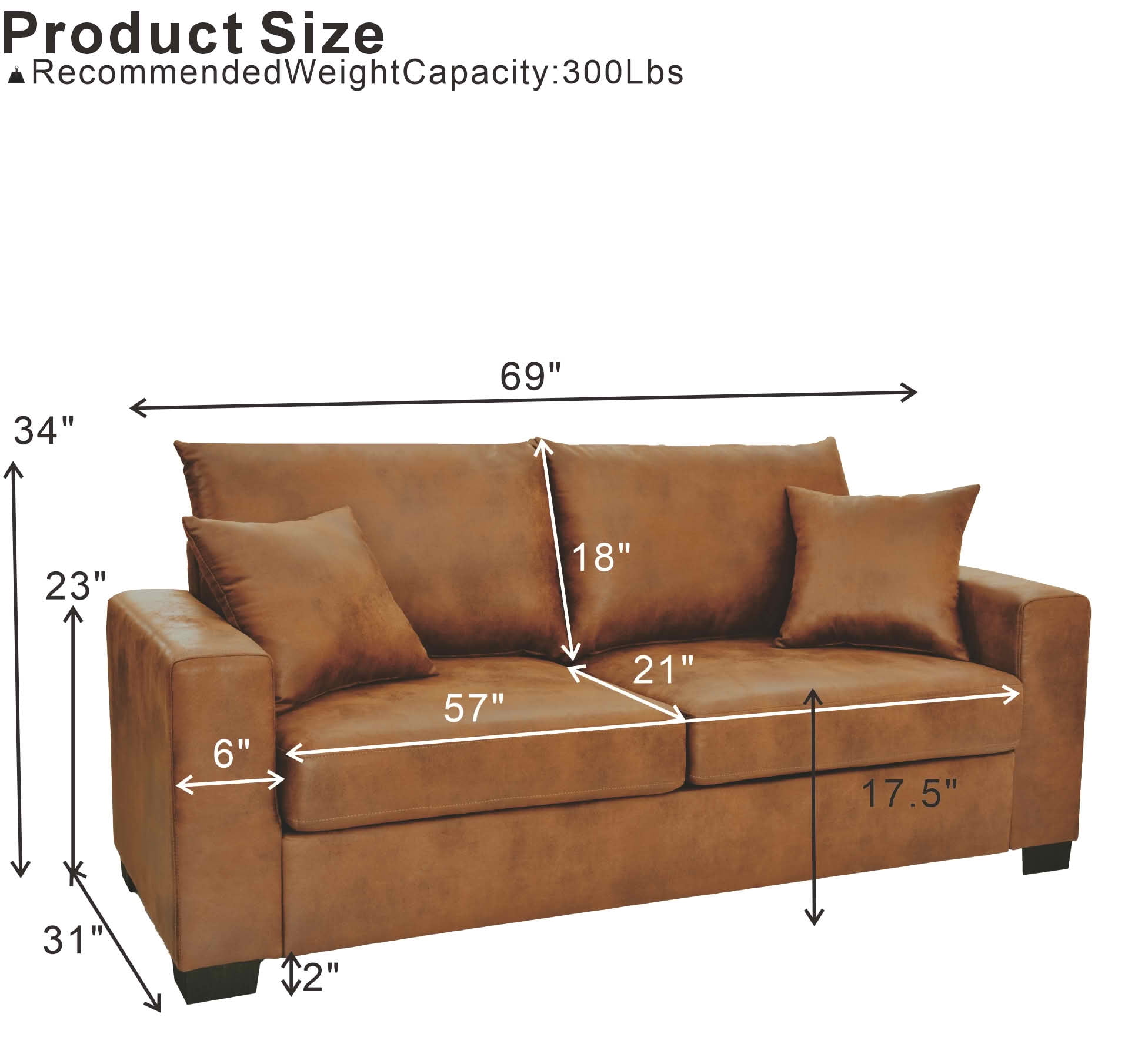 MAYEERTY 69 Inch 2‑Seater Upholstered Sofa, Textured Fabric Couch with 2 Throw Pillows and Plastic Legs for Apartment, Living Room, Home Office