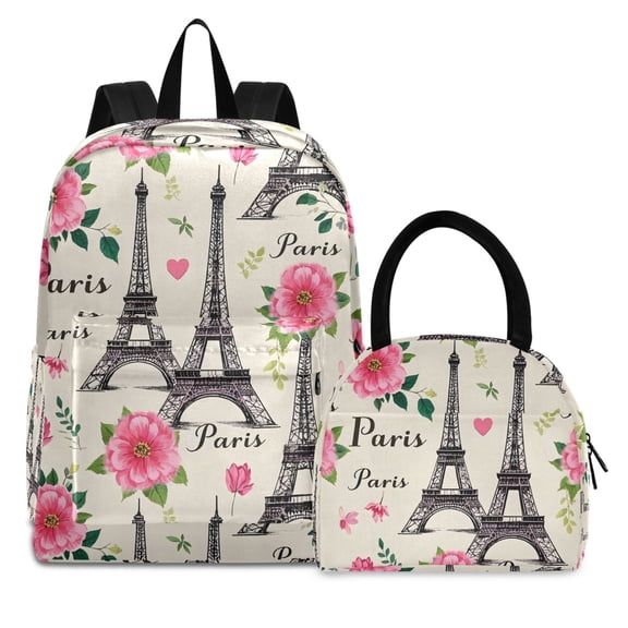 ALAZA Backpack Set Paris Tower Flowers Elementary School Bags Student BookBag with Lunch Bag