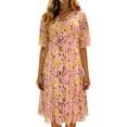 thumbnail image 1 of Vestido Impreso Plisado de Gasa con Cuello en V de las Mujeres, Casual de Manga Corta de Moda, Ligero Suave Y Fluido para Uso Diario, Fiestas, Vacaciones, 1 of 7