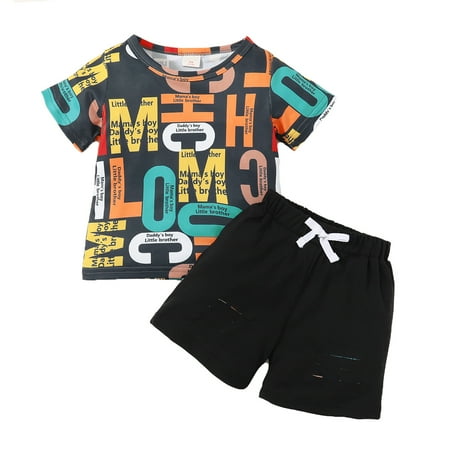 

Kucnuzki 2T Toddler Boy Summer Outfits Shorts Sets 3T Short Sleeve Colorful Letter Prints Tops Elastic Cozy Shorts 2PCS Set Black
