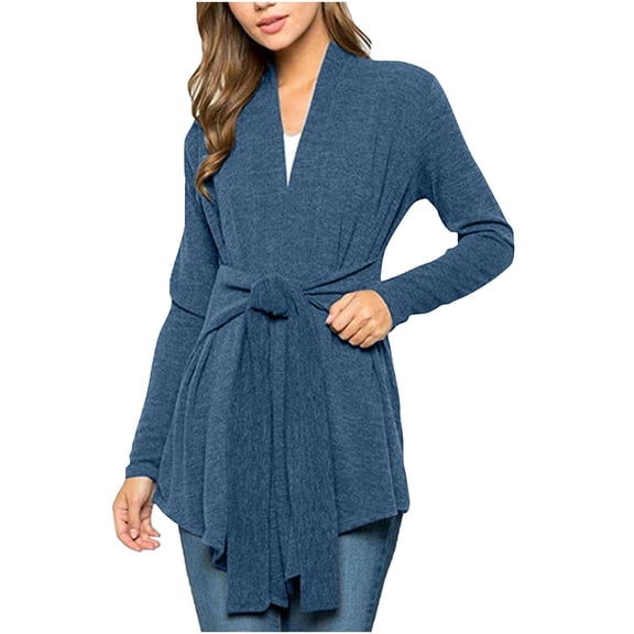 Odeerbi Cardigan for Women Fall Cardigans Comfy Fashion Casual Solid Color Long Sleeve Lace Up Top Blue