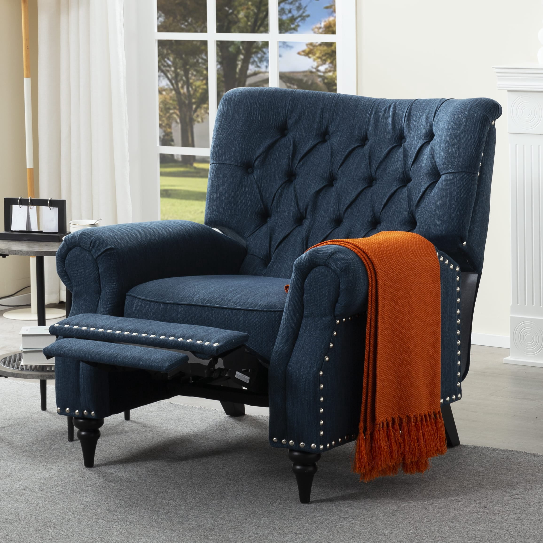 Gewnee 38.58” Manual Push Back Recliner Linen Fabric for Living Room Office Bedroom Blue