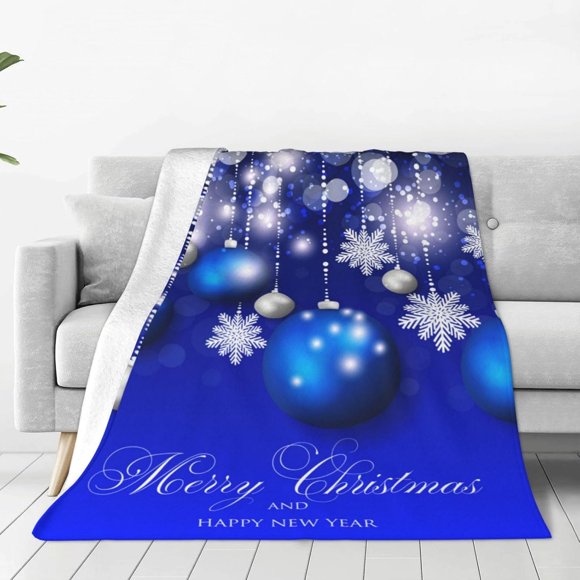 Throw Blanket Merry Christmas Blue Ball Snowflake Xmas Couch Blankets Plush Flannel Cover Lightweight Soft for Living Room Bed Sofa Travel Office Camping 60 x 80 Inch
