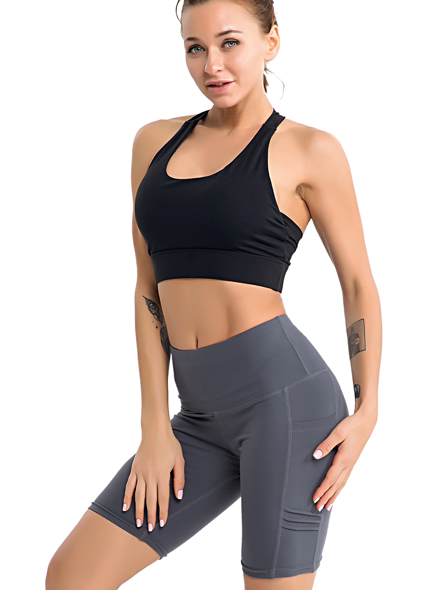 High Waist Tummy Control Workout Yoga Shorts Side Pockets for Women Compression Running Sports Workout Gym Athletic Wear - image 3 of 6
