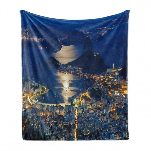 Night Soft Flannel Fleece Throw Blanket, Aerial View of Mountain Sugar Loaf and Botafogo Rio de Janeiro, Cozy Plush for Indoor and Outdoor Use, 70" x 90", Violet Blue Pale Grey, by Ambesonne