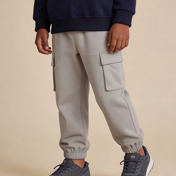 OSOLU Boys Pants Drawstring Elastic Waist Cargo Pockets Solid Color Jogger Casual Trousers Beige