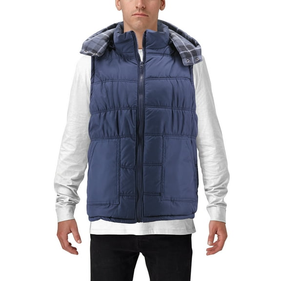 Men's Quilted Puffer Packable Fleece Lined Zipper Vest With Removable Hood (Navy, Small)