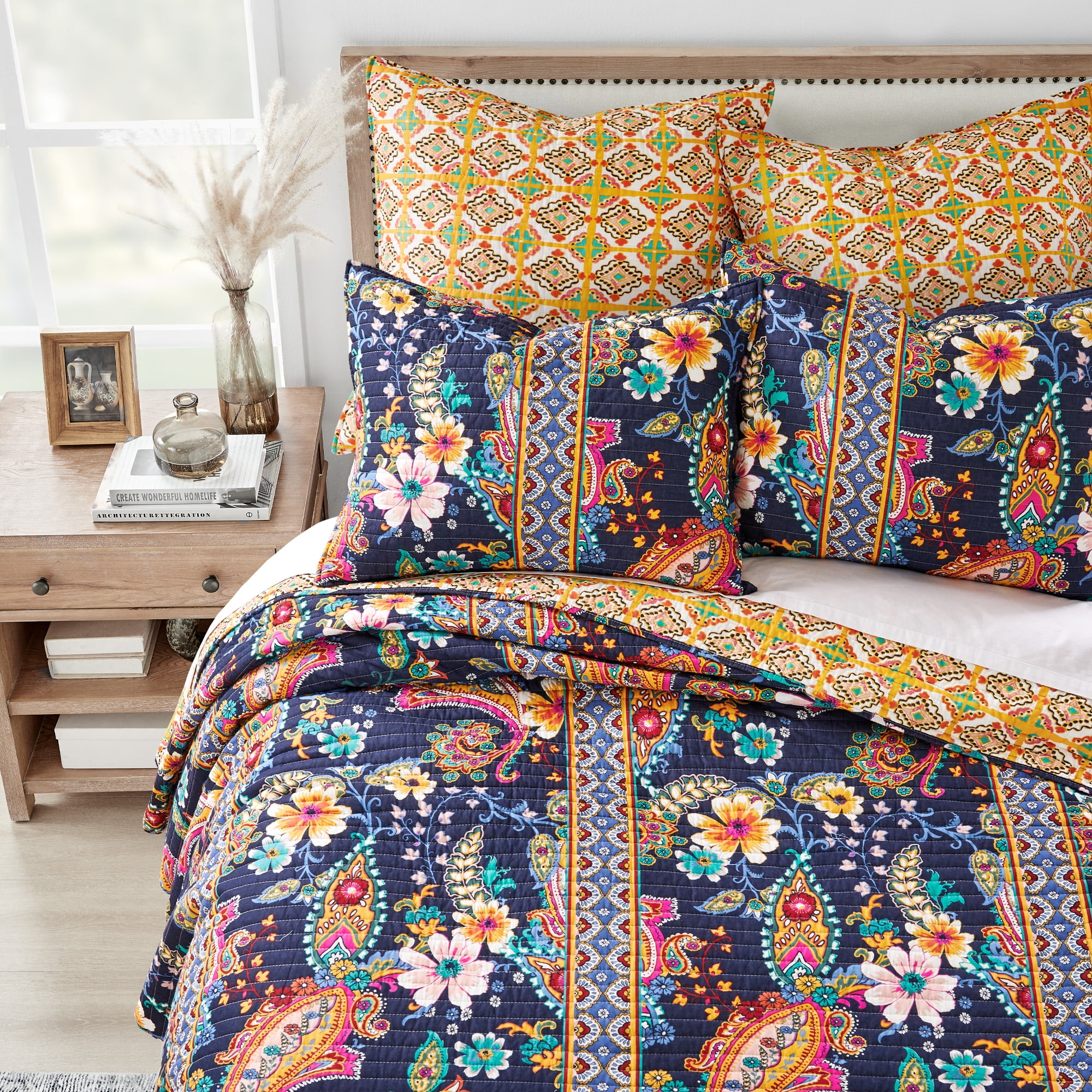 Levtex Home - Bertelli Navy Quilt Set - King Quilt and Two King Shams - Floral - Navy, Pink, Ochre, Blue Teal, Green - Quilt (106x92in.) and Shams (20x36in.) - Reversible - Cotton