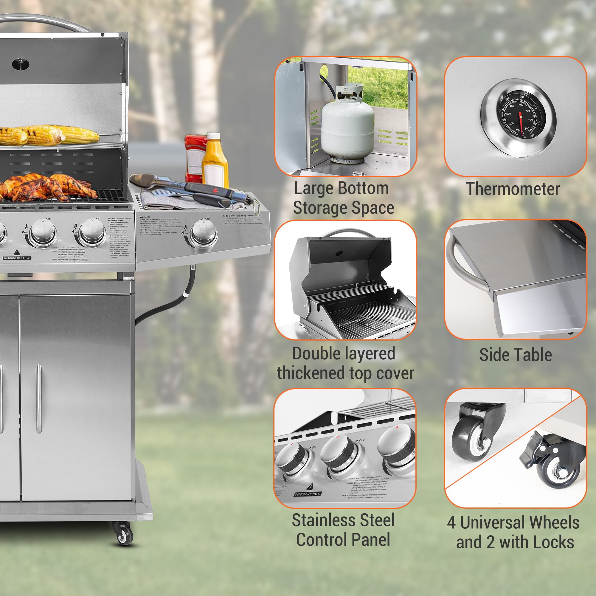 BETISEF 4-Burner Propane Gas BBQ Grill with Side Burner, 60,000 BTU Output Stainless Steel Grill,Cabinet Style for Outdoor Cooking Kitchen and Patio Backyard Barbecue